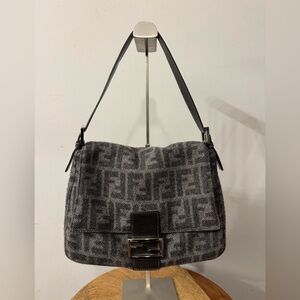 Fendi Gray FF Zucca Wool Mamma Baguette Bag